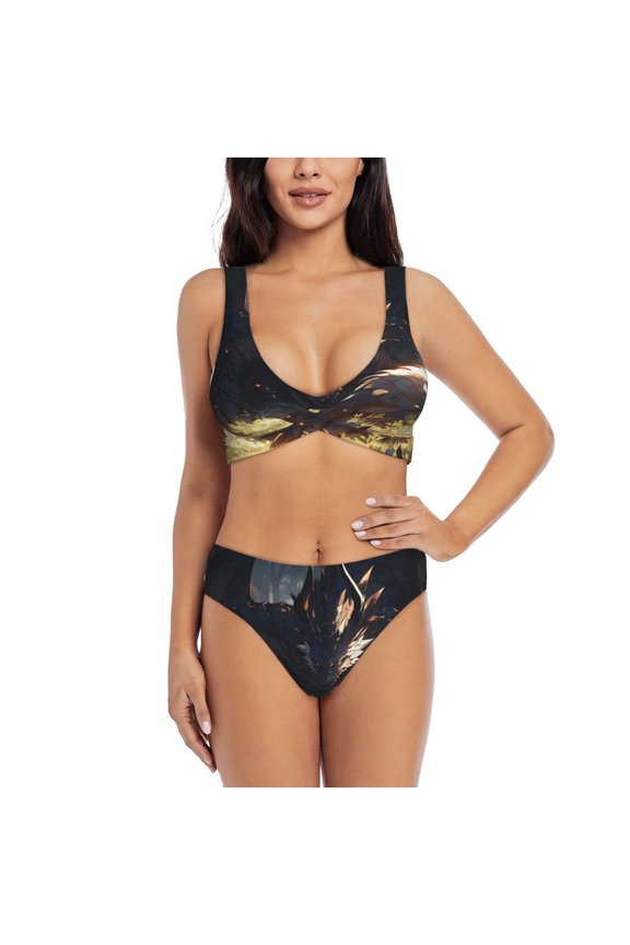 Sleeping Dragon In Forest Print Women's 2 Piece High Waisted Wrap Spaghetti Strap Summer Swimsuit Bikini Set-Large