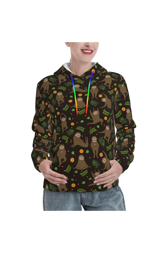 Sloth Doing Yoga Print Womens Oversized Hoodies Sweatshirts Hooded Pullover Tops Sweaters Casual-Large