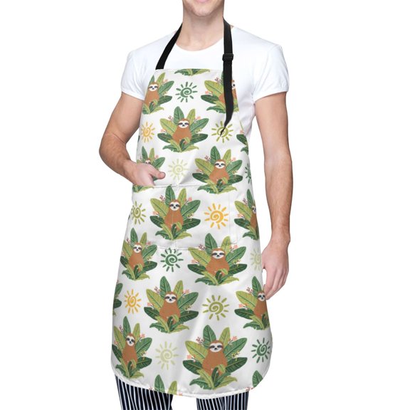Kdxio Sloth Sitting Tropical Leaves Apron with Pockets Adjustable Kitchen Aprons for Men Women Waterproof Aprons for Cooking,Drawing,Crafting, Baking Household Cleaning