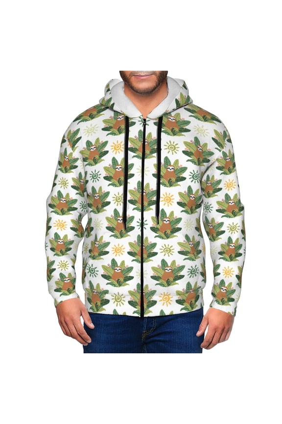 Sloth Sitting Tropical Leaves Print Men Hoodies Casual Hoodies for Men with Zip Pockets Full Zip Long Sleeve Sweatshirt Sports Hooded Jacket-Small