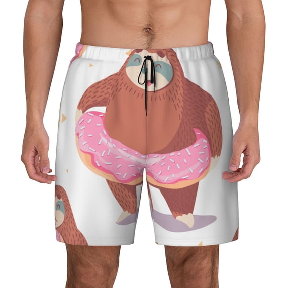 Kdxio Sloth With Donuts1 Print Men'S Swim Trunks With Compression Liner 7 Inch Inseam Quick Dry Swim Shorts
