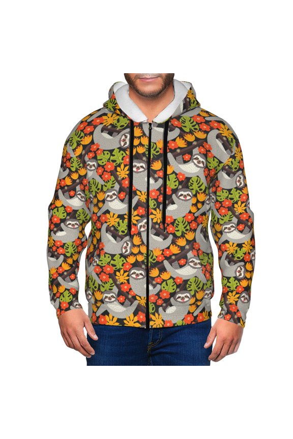 Sloth on the Branch Print Men Hoodies Casual Hoodies for Men with Zip Pockets Full Zip Long Sleeve Sweatshirt Sports Hooded Jacket-Large