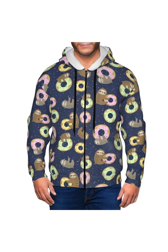 Sloth with Donuts Print Men Hoodies Casual Hoodies for Men with Zip Pockets Full Zip Long Sleeve Sweatshirt Sports Hooded Jacket-Medium