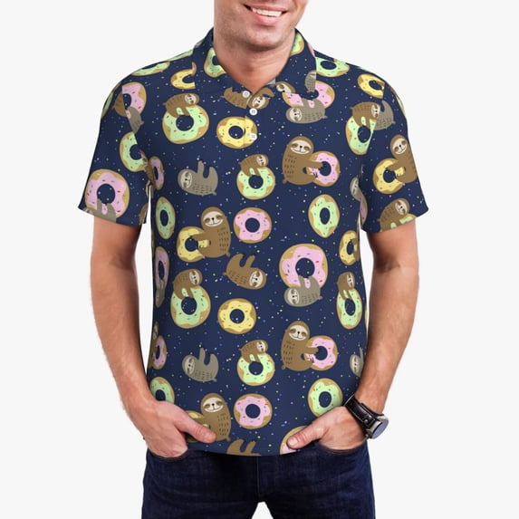 Kdxio Sloth with Donuts Print Men's Short Sleeve Polo Shirt,Midweight Men's Shirt