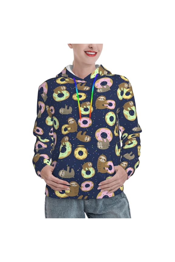 Sloth with Donuts Print Womens Oversized Hoodies Sweatshirts Hooded Pullover Tops Sweaters Casual-XX-Large