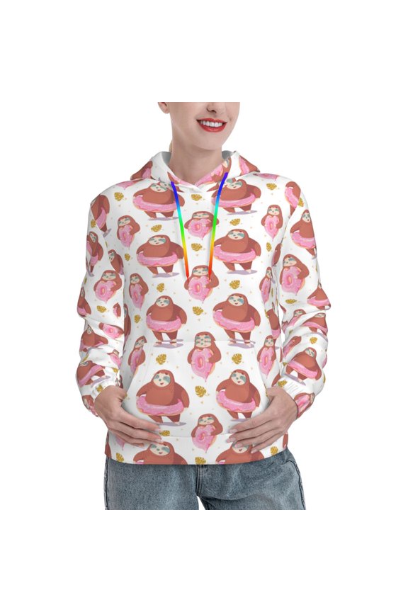 Sloth with Donuts1 Print Womens Oversized Hoodies Sweatshirts Hooded Pullover Tops Sweaters Casual-XX-Large