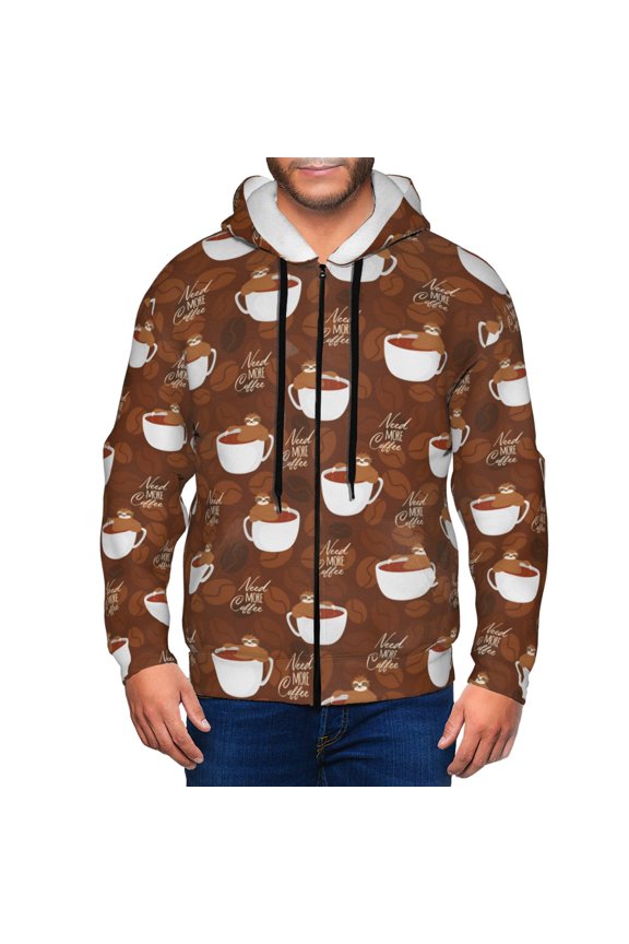 Sloths Need More Coffee Print Men Hoodies Casual Hoodies for Men with Zip Pockets Full Zip Long Sleeve Sweatshirt Sports Hooded Jacket-Small