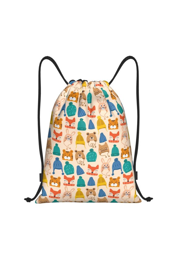 Small Animals with Knit Hat Pattern Print Drawstring Backpack Bag,Waterproof Draw String Back Sack, Gym Drawstring Bags Swim Bag For Unisex