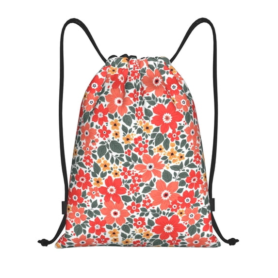 Kdxio Small Coral Red Flowers Print Drawstring Backpack Bag,Waterproof Draw String Back Sack, Gym Drawstring Bags Swim Bag For Unisex