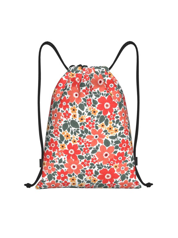 Small Coral Red Flowers Print Drawstring Backpack Bag,Waterproof Draw String Back Sack, Gym Drawstring Bags Swim Bag For Unisex