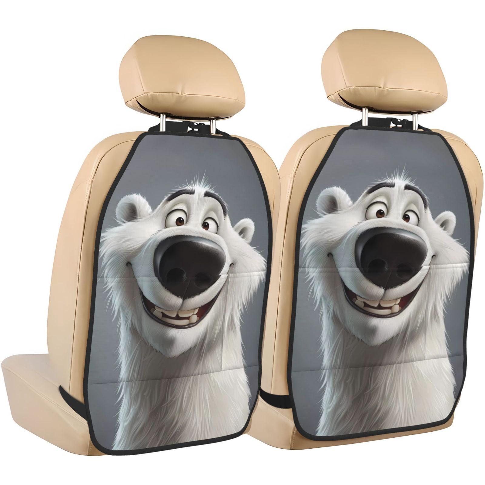 Kdxio Smiling Polar Bear Print 2 Pack Car Kick Mat Seat Cover Back Protector Mat with Pockets for Organizer Backseat Protector and Storage Anti Kick Pad for Vehicles