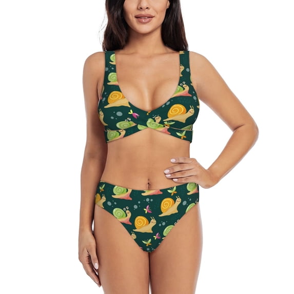 Kdxio Snails And Butterfies Print Women's 2 Piece High Waisted Wrap Spaghetti Strap Summer Swimsuit Bikini Set-Large