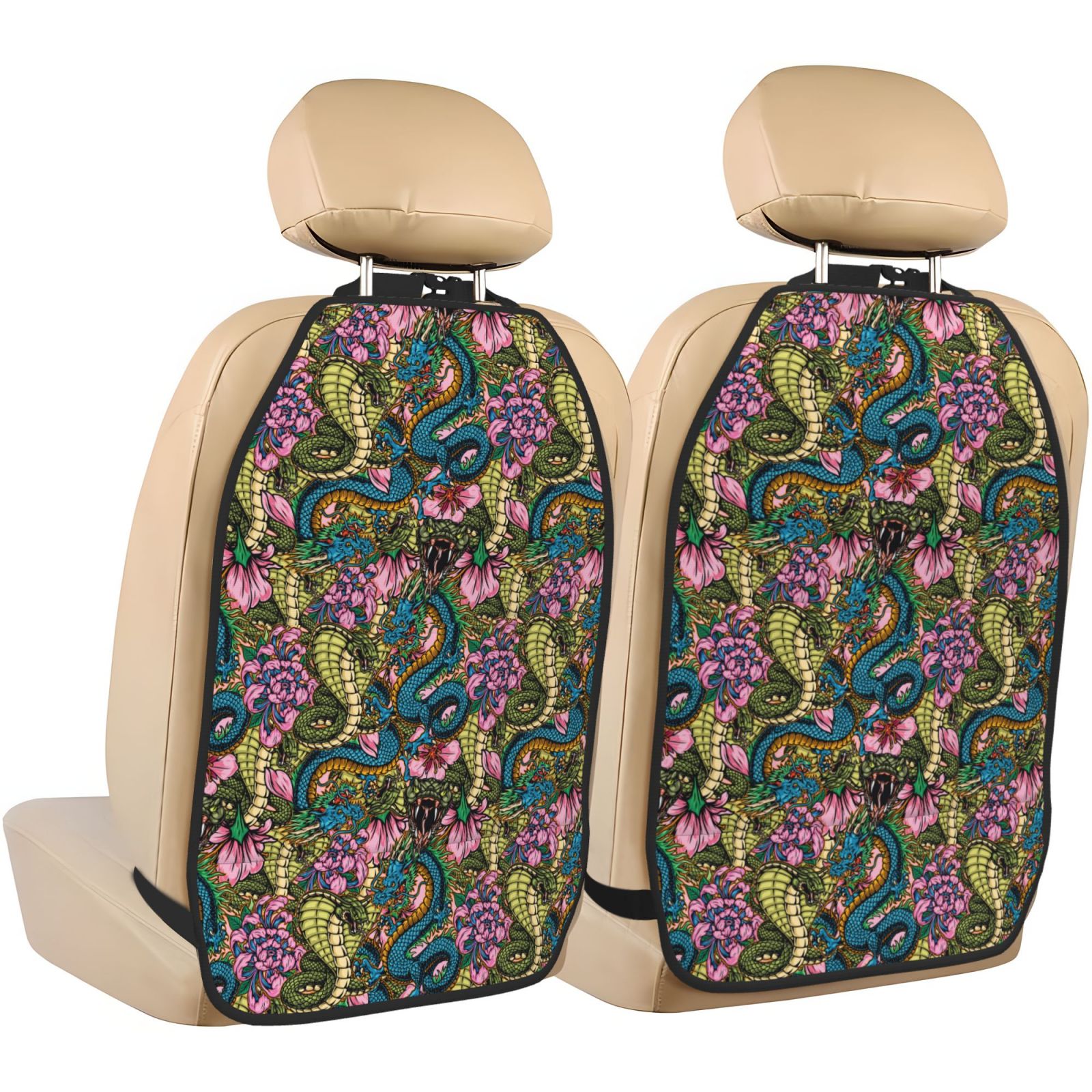 Kdxio Snake And Flower Print 2 Pack Car Kick Mat Seat Cover Back Protector Mat with Pockets for Organizer Backseat Protector and Storage Anti Kick Pad for Vehicles