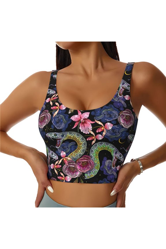 Snake And Flower Print Workout Crop Tank Top for Women Racerback Yoga Tank Tops Athletic Sports Shirts Exercise Undershirts