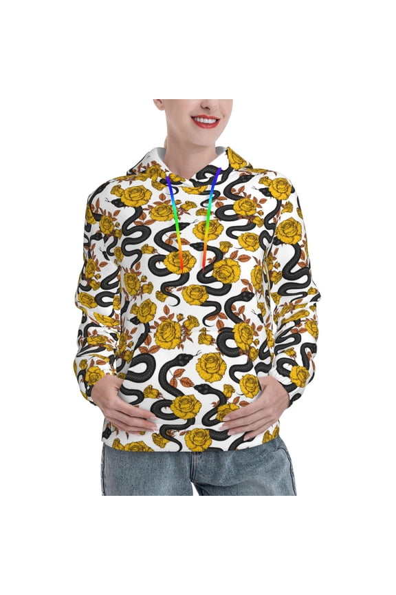 Snake And Rose Print Womens Oversized Hoodies Sweatshirts Hooded Pullover Tops Sweaters Casual-Small