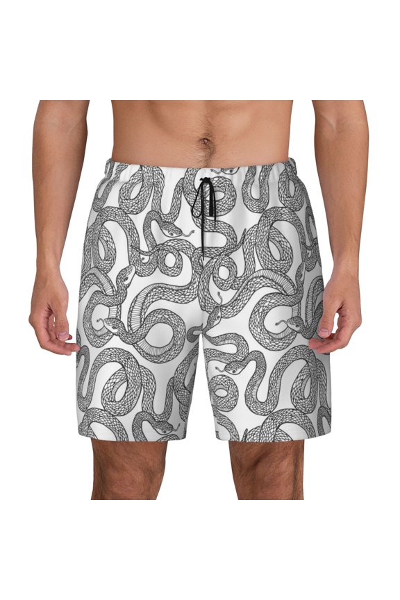 Snake Print Men's Swim Trunks with Compression Liner 7 Inch Inseam Quick Dry Swim Shorts