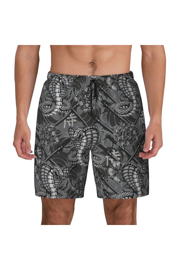 Snake Print Men's Swim Trunks with Compression Liner 7 Inch Inseam Quick Dry Swim Shorts