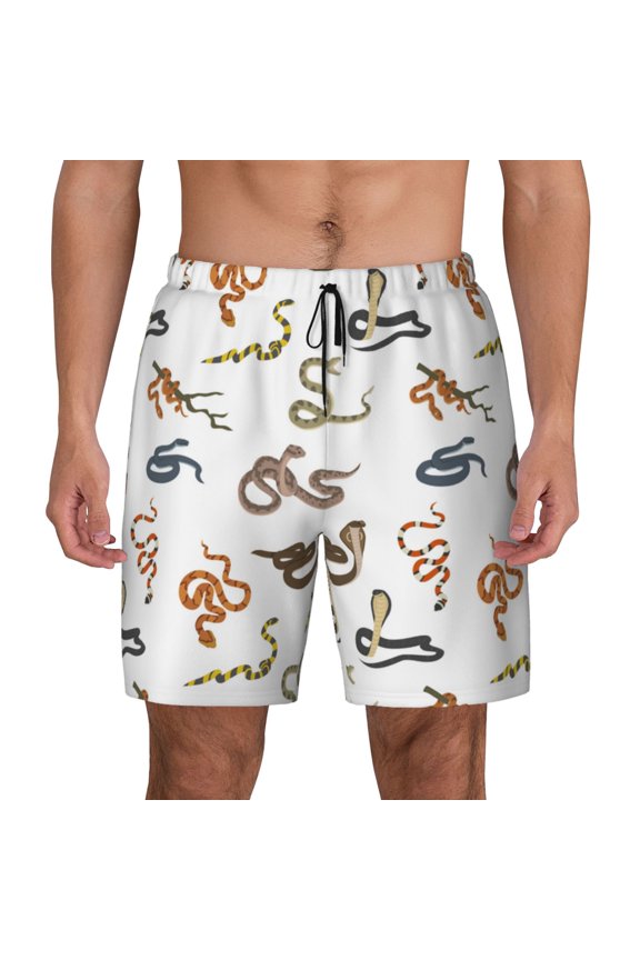 Snake Print Men's Swim Trunks with Compression Liner 7 Inch Inseam Quick Dry Swim Shorts