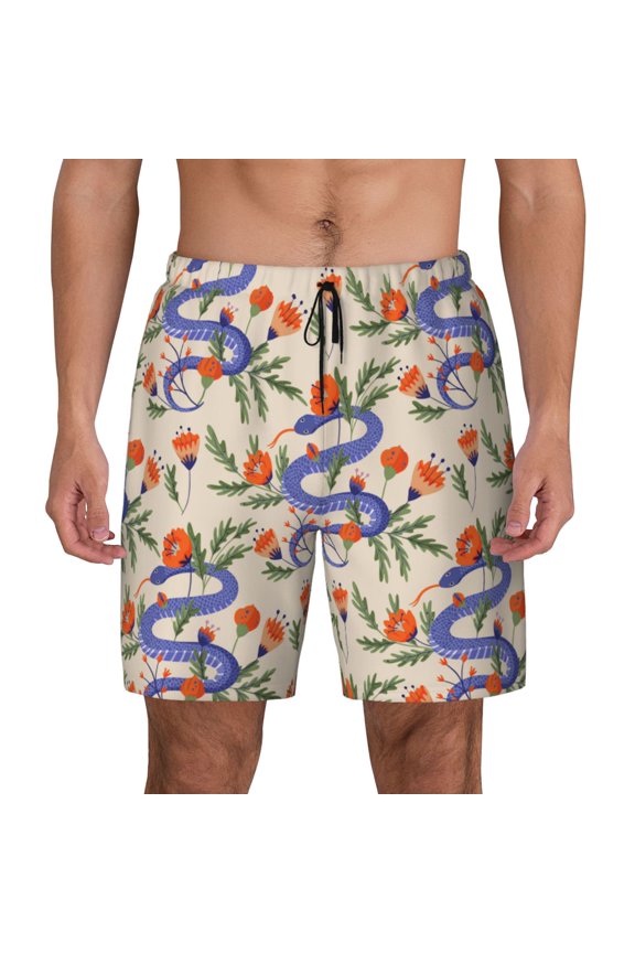 Snake Print Men's Swim Trunks with Compression Liner 7 Inch Inseam Quick Dry Swim Shorts