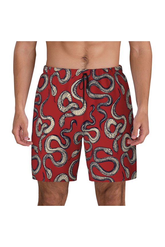 Snake Print Men's Swim Trunks with Compression Liner 7 Inch Inseam Quick Dry Swim Shorts