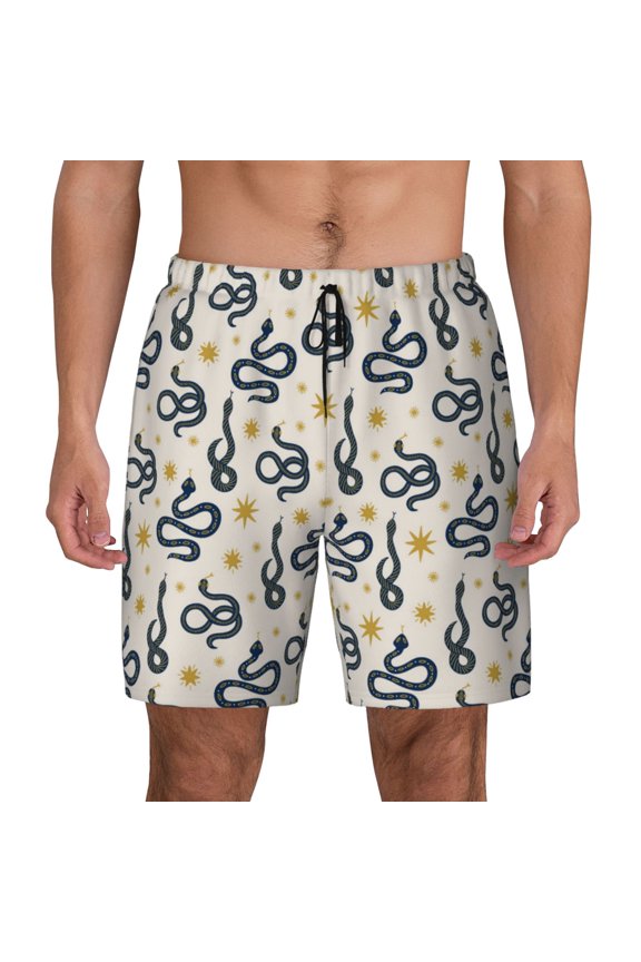 Snake Print Men's Swim Trunks with Compression Liner 7 Inch Inseam Quick Dry Swim Shorts