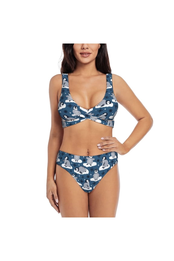Snow Penguin Print Women's 2 Piece High Waisted Wrap Spaghetti Strap Summer Swimsuit Bikini Set-Medium
