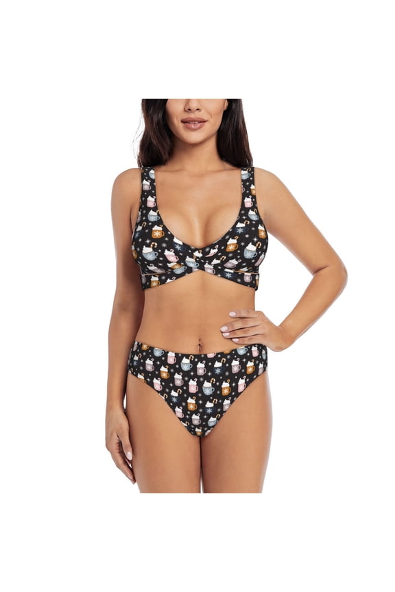 Snowflake Cream Hot Cocoa Print Women's 2 Piece High Waisted Wrap Spaghetti Strap Summer Swimsuit Bikini Set-Medium