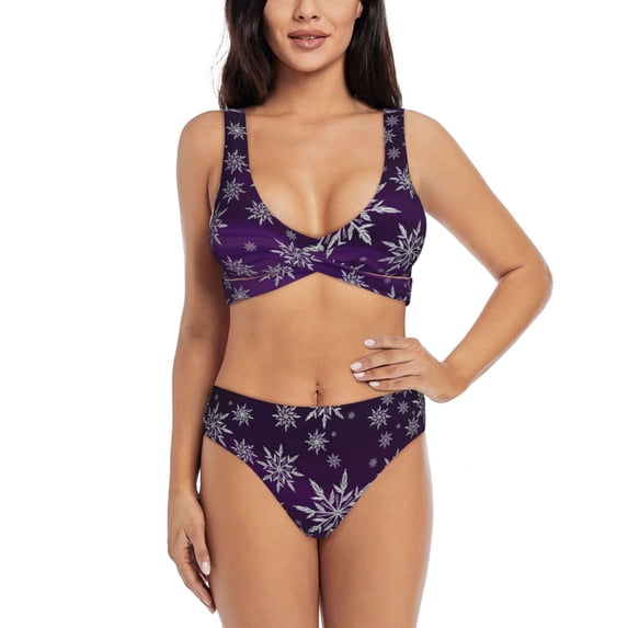 Kdxio Snowflake Gradient Purple Print Women's 2 Piece High Waisted Wrap Spaghetti Strap Summer Swimsuit Bikini Set-Large