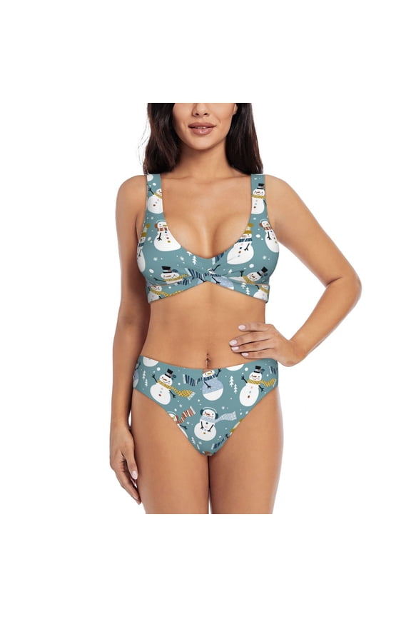 Snowflake Scarf Snowman Print Women's 2 Piece High Waisted Wrap Spaghetti Strap Summer Swimsuit Bikini Set-X-Large