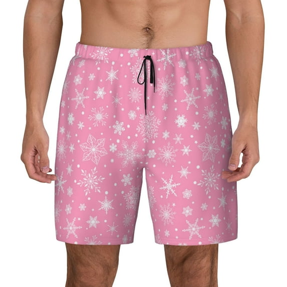 Kdxio Snowflake pink backgrounds Print Men's Swim Trunks with Compression Liner 7 Inch Inseam Quick Dry Swim Shorts