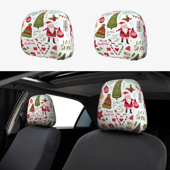 Kdxio Snowflakes Santa Claus Pattern Print 2 Piece Car Head Rest Covers Set Auto Front/Rear Seats Headrest Cover Universal Fit Most Cars,Sedan, SUV