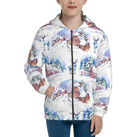 Kdxio Snowy Cottage Holiday Scene Pattern Kids Boys Girls Zip Up Hoodie 3D Printed Hooded Sweatshirt Hoody Coat with Pocket 7-12 Y-Medium
