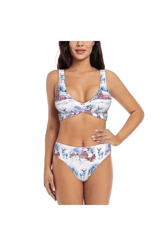 Snowy Cottage Holiday Scene Print Women's 2 Piece High Waisted Wrap Spaghetti Strap Summer Swimsuit Bikini Set-Small