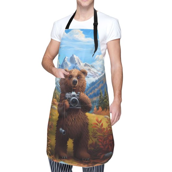 Kdxio Snowy Mountain Photography Bear Apron with Pockets Adjustable Kitchen Aprons for Men Women Waterproof Aprons for Cooking,Drawing,Crafting, Baking Household Cleaning