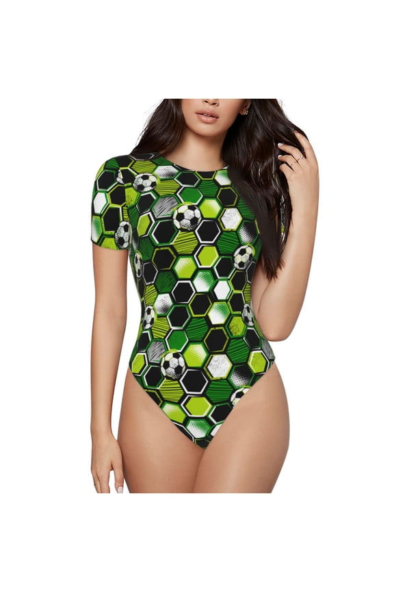 Soccer1 for Women's Short-Sleeved Onesie Stylish Round Neck Pajamas Bodysuit Jumpsuit Nightwear-Large