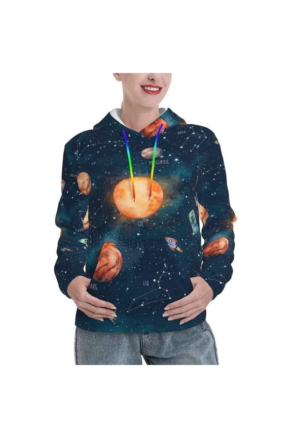 Solar System And Planets Print Womens Oversized Hoodies Sweatshirts Hooded Pullover Tops Sweaters Casual-XX-Large