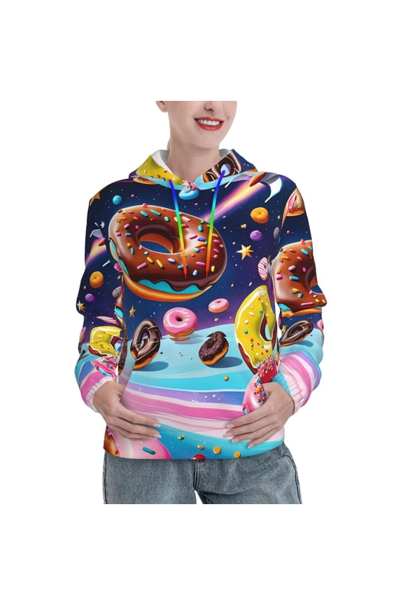 Space Colorful Donut Print Womens Oversized Hoodies Sweatshirts Hooded Pullover Tops Sweaters Casual-Small
