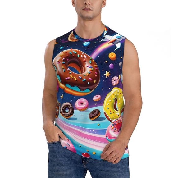 Kdxio Space Colorful Donut for Men's Muscle T-shirt,Sleeveless for Workout Running Athletic Gym Lounge Casual