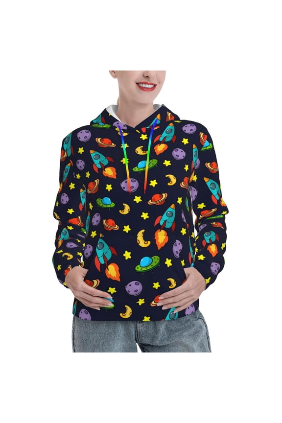 Space D Print Womens Oversized Hoodies Sweatshirts Hooded Pullover Tops Sweaters Casual-Large