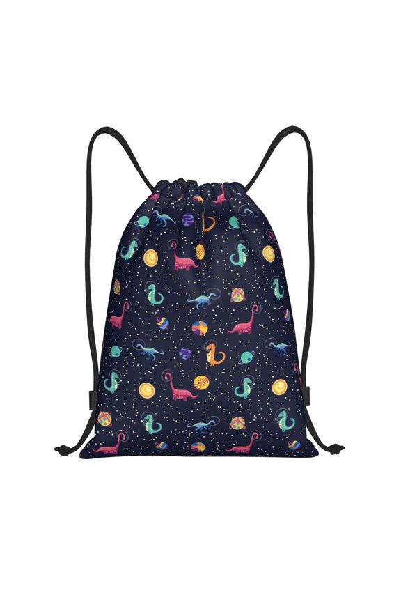 Space Dinosaur Print Drawstring Backpack Bag,Waterproof Draw String Back Sack, Gym Drawstring Bags Swim Bag For Unisex