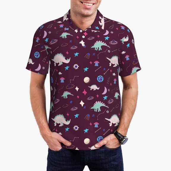 Kdxio Space Dinosaur Print Men's Short Sleeve Polo Shirt,Midweight Men's Shirt