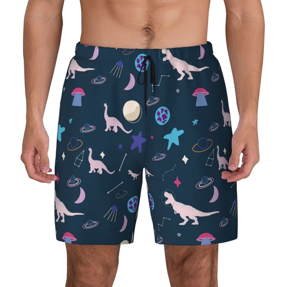 Kdxio Space Dinosaur Print Men's Swim Trunks with Compression Liner 7 Inch Inseam Quick Dry Swim Shorts