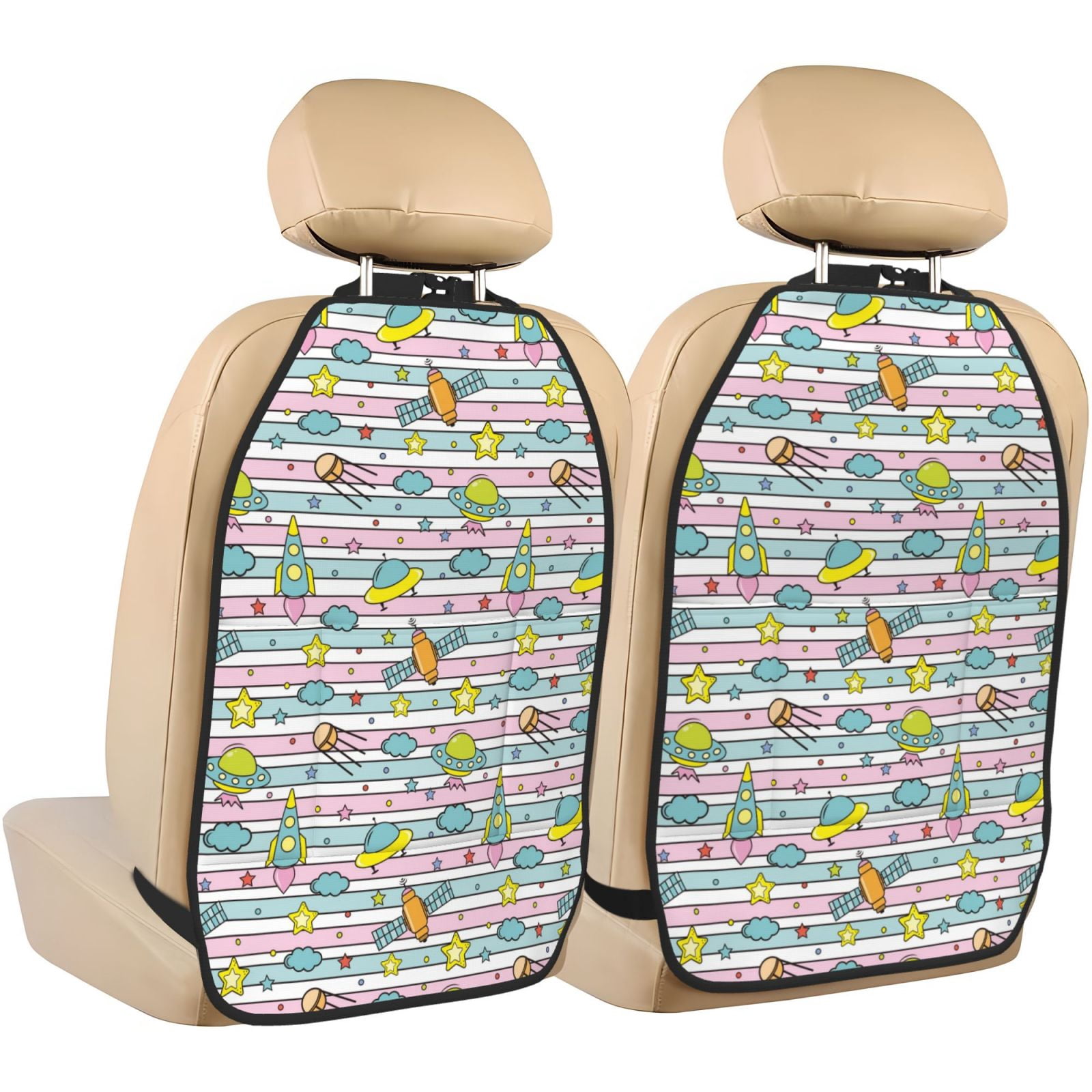 Kdxio Space Doodle Print 2 Pack Car Kick Mat Seat Cover Back Protector Mat with Pockets for Organizer Backseat Protector and Storage Anti Kick Pad for Vehicles