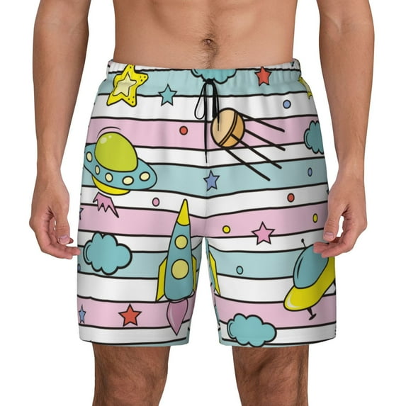Kdxio Space Doodle Print Men'S Swim Trunks With Compression Liner 7 Inch Inseam Quick Dry Swim Shorts