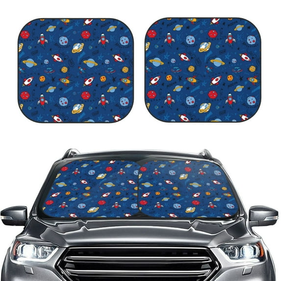 Kdxio Space Print 2-Piece Sun Shade Front Windshield - Foldable Car Front Window Sunshades for Most Sedans SUV Truck