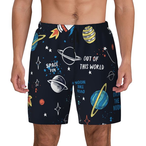 Kdxio Space Print Men'S Swim Trunks With Compression Liner 7 Inch Inseam Quick Dry Swim Shorts