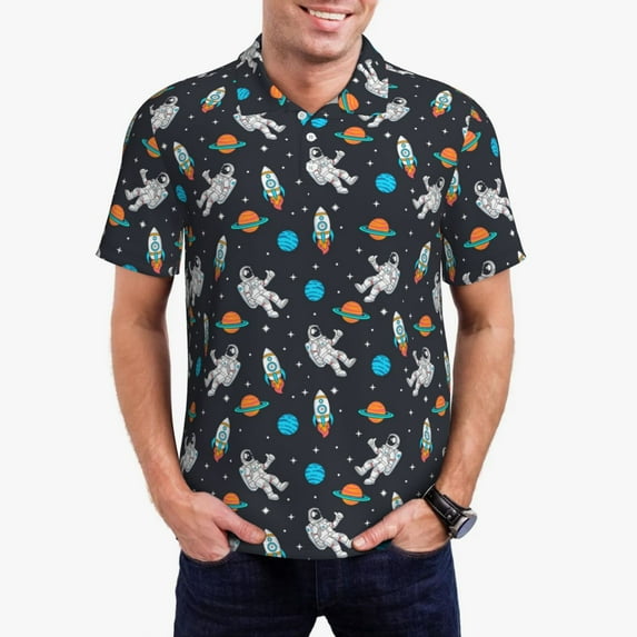 Kdxio Space Print Men's Short Sleeve Polo Shirt,Midweight Men's Shirt