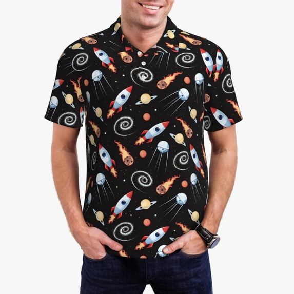 Kdxio Space Rocket Print Men's Short Sleeve Polo Shirt,Midweight Men's Shirt