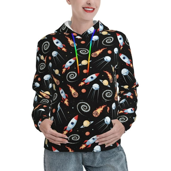 Kdxio Space Rocket Print Womens Oversized Hoodies Sweatshirts Hooded Pullover Tops Sweaters Casual-Small