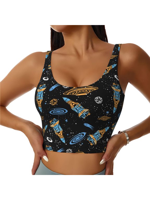 Space Rocket Print Workout Crop Tank Top for Women Racerback Yoga Tank Tops Athletic Sports Shirts Exercise Undershirts